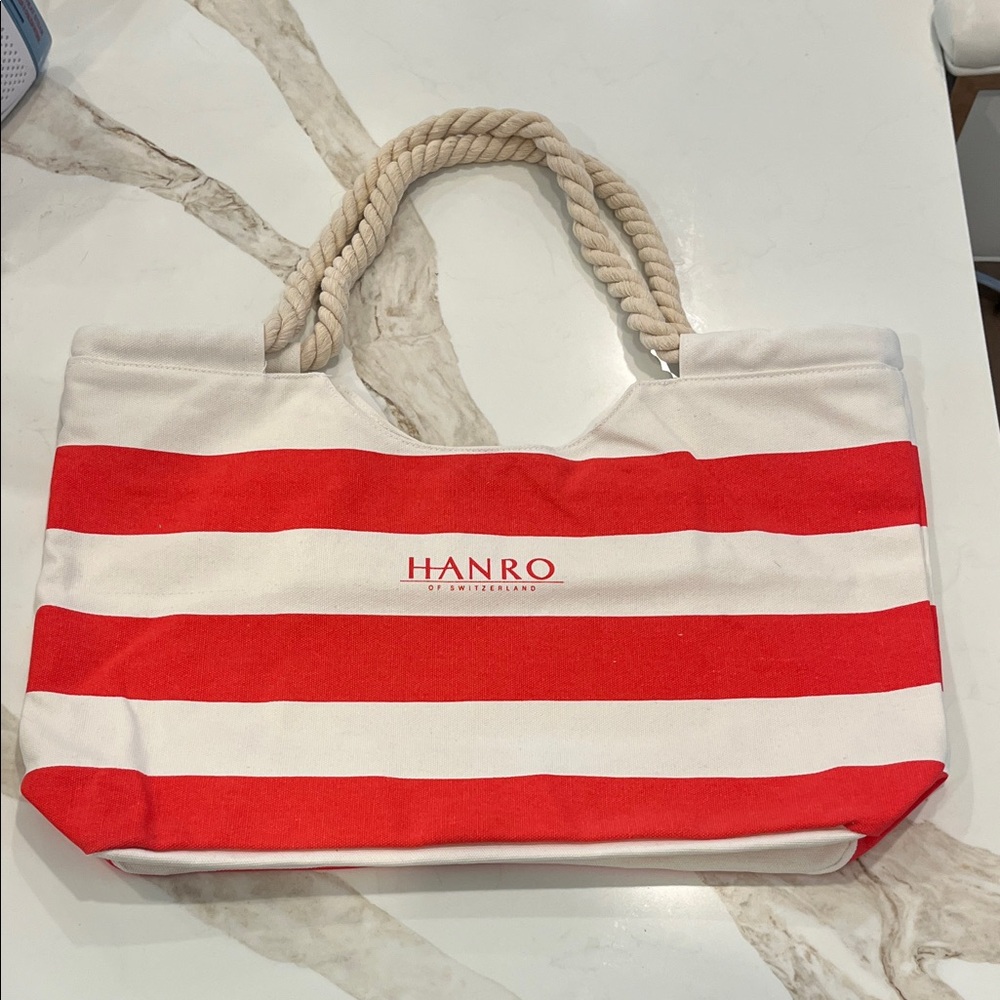 NWOT Hanro of Switzerland tote/beach bag in red cream stripe rope shoulder strap